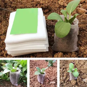 Non-woven plant nursery bags detail showing breathable fabric, garden seeding tools.