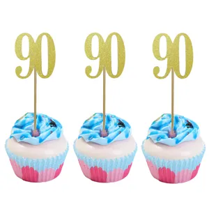 Gold glitter 90 cupcake toppers for 90th birthday party celebration cake decorations.