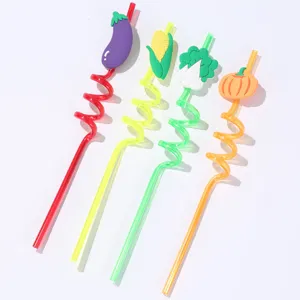 Cartoon vegetable curly straws set, cute plastic reusable drinking straws for party and bar use.