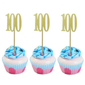 Gold glitter number 100 cake topper decoration set for birthday party dessert table display