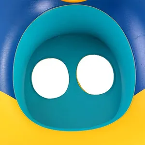Close-up detail of inflatable child swim ring seat with dual leg holes and vibrant colors.