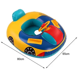Inflatable baby swimming float with steering wheel, cute car design, size 80x65cm for kids.