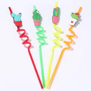 Linda pajita de plástico colorida con cactus adorno detalle para fiesta infantil.