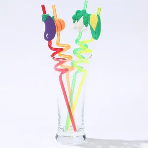 Creative vegetable shaped spiral drinking straws with cute cartoon charms for party and bar use.
