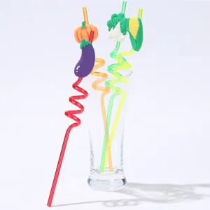 Close-up of colorful cartoon vegetable crazy straws with cute shapes like eggplant and corn.