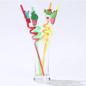 4 Pcs Pajitas Rizadas Creativas Cactus Dibujos Animados Silicona Linda Fiesta Niños