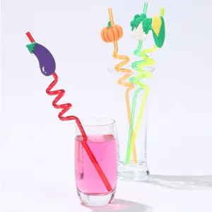 Creative vegetable shaped hard drinking straws, cartoon pumpkin eggplant corn party bar decor.