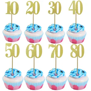 Glitter Gold Number Cake Topper Happy Birthday Party Cake Decoration Glitter Paper DIY Dessert Table Insert Flag