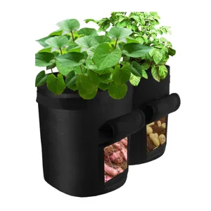 Details van de zwarte non-woven aardappel-groeitas met kijkvenster en sterke handgrepen.