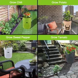 Stof aardappel groeizak detail toont plantengroei in tuin en op balkon met handig venster.