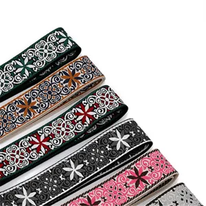 Close-up detail shot of ethnic style jacquard webbing, showing intricate floral patterns.