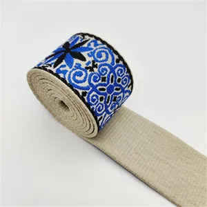 Ethnic jacquard webbing ribbon 5cm wide blue black pattern polyester cotton sewing craft DIY