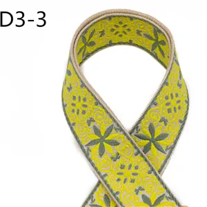 Ethnic style jacquard webbing detail, cotton polyester woven fabric strap closeup yellow green.