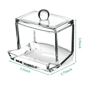 Klares Acryl-Wattestäbchen-Dispenser Detailansicht zeigt genaue Maße und staubdichten Deckel.
