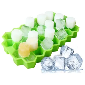 Green silicone honeycomb ice cube tray 37 grids DIY ice mold for home kitchen bar use.