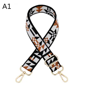 Detailed view of the colorful ethnic geometric replacement bag strap with durable gold hardware.