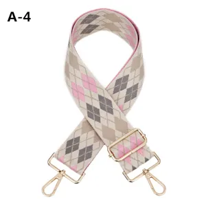 Wide woven bag strap replacement with argyle pattern and gold hardware for shoulder bags