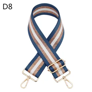 Close-up detail of blue and white striped bag strap with gold metallic thread and hardware.