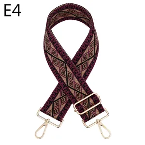 Ethnic style geometric replacement bag strap with adjustable gold metal hardware for women.