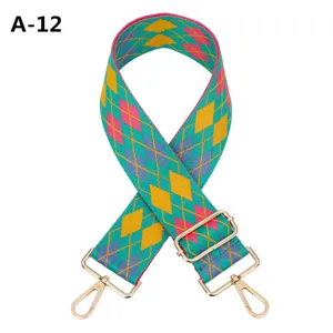 Wide embroidered bag strap replacement, colorful argyle pattern with sturdy gold hardware.