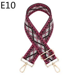 Detailed view of the ethnic style bag strap with geometric pattern and gold hardware.
