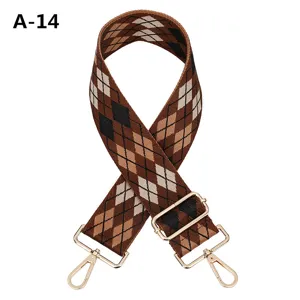 Adjustable wide woven bag strap with diamond pattern and gold hardware replacement
