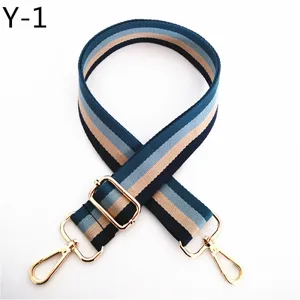 Close-up detail of stylish striped replacement bag strap with durable gold hardware.