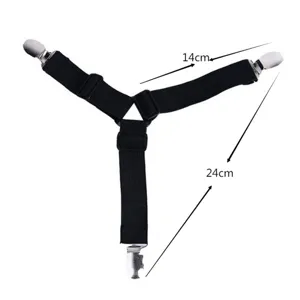 Black Y-shaped bed sheet fastener clips with adjustable elastic straps for secure mattress holding.