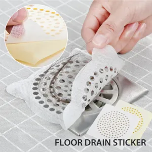 Disposable floor drain hair catcher mesh sticker, 10cm diameter, 15 pieces pack for bathroom.