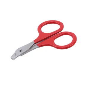 Pet nail clipper detail close-up showing stainless steel blade and red handle for easy trimming.