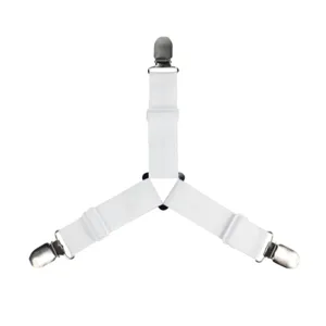 Adjustable white triangle bed sheet fastener clips, elastic suspender straps for mattress.