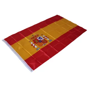 Gros plan du drapeau espagnol avec rayures rouge-jaune, armoiries et oeillets en laiton.