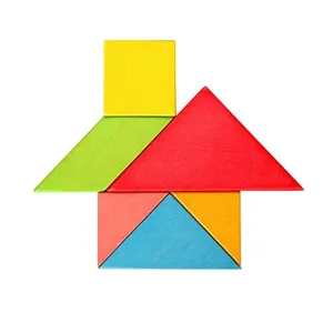 Wooden tangram puzzle toy detail, colorful geometric blocks arranged as a house shape.
