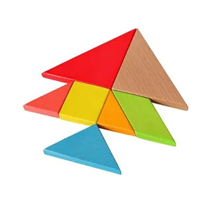 Wooden tangram puzzle detail, colorful geometric blocks assembled for kids learning.