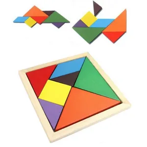 Wooden tangram puzzle detail showing colorful geometric shapes and assembled fish pattern.