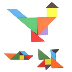 Wooden tangram puzzle blocks for kids, colorful geometric shape educational toy detail view.