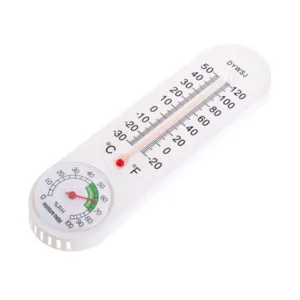 Indoor wall-mounted thermometer and hygrometer with dual temperature scale and humidity dial.