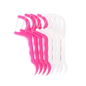 High quality disposable plastic dental floss picks in pink and white colors, 25 count.