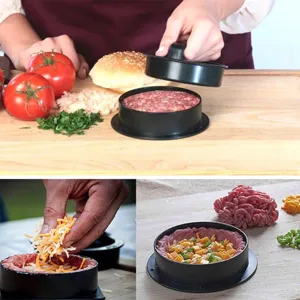 Burger press detail showing minced meat and cheese stuffing step for kitchen cooking.