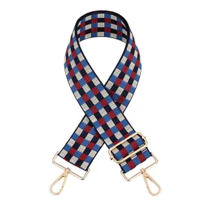 Tracolla di ricambio regolabile e larga con motivo a quadri etnico colorato e parti metalliche.