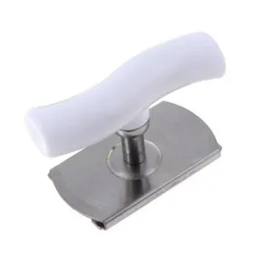 Edelstahl Glasoeffner Detailansicht, ergonomischer weisser Griff zum leichten Oeffnen.