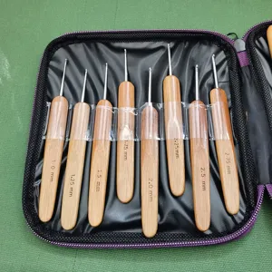 Carbonized bamboo handle crochet hooks set detail view, handy tools for DIY knitting
