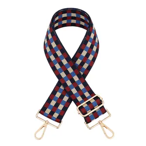 Vista dettagliata della tracolla colorata intrecciata con accessori dorati e fibbia regolabile.
