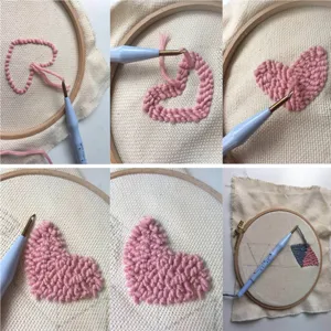 Vista dettagliata dello strumento per ricamo punch needle con processo passo dopo passo su tela.