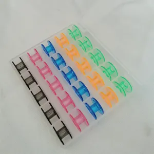 Vista detallada del juego de bobinas de máquina de coser coloridas con caja de almacenamiento.