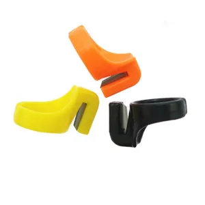 Ring thread cutter detail view, showing three colorful sewing blade tools in orange, yellow and black.