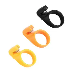 Set of 3 plastic ring thread cutters in black orange yellow for convenient sewing and crafting use.