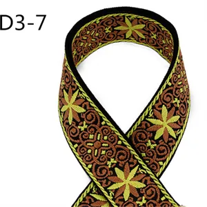 Ethnic jacquard webbing detail, 5cm width cotton polyester fabric, traditional floral pattern.