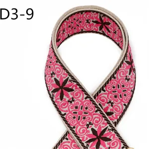 Ethnic style jacquard webbing detail, featuring vibrant pink floral patterns for custom bag straps.