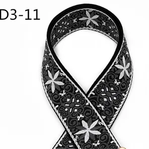Ethnic jacquard webbing strap detail view, classic black and white 5cm wide cotton fabric.